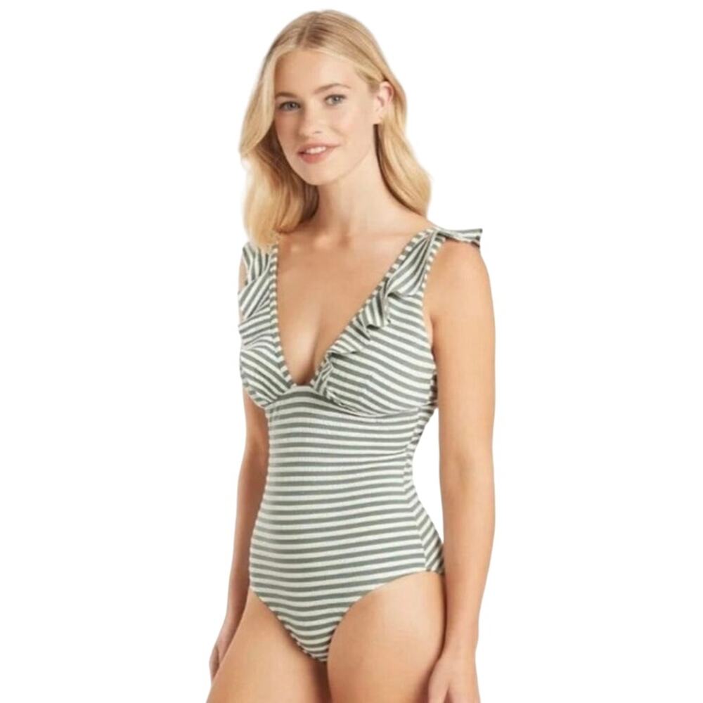 SEA LEVEL CAPRI FRILL ONE PIECE IN KHAKI Striped Swimsuit Women’s Size 10